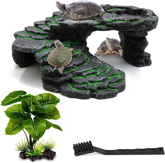 Turtle Basking Platform Kit, Reptile Habitat Hideout, Decorative Resin for Aquarium & Terrarium, Including Artificial Plant and Cleaning Brush. (B-Medium-Black)