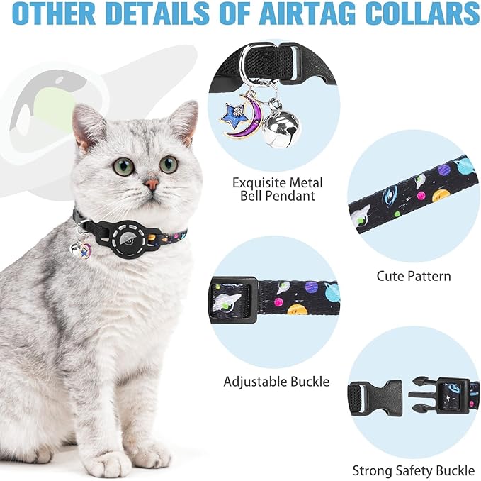 BINGPET AirTag Cat Collar with Bells, Upgraded Safety Elastic Cat Collar with Airtag Cat Collar Holder, Anti-Lost Cat Collars for Girl Boy Cats, Anti-Suffocation Kitty Puppy Collars