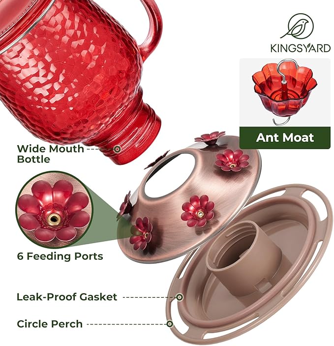 Kingsyard Glass Hummingbird Feeders for Outdoors, 16 Oz Wild Bird Feeder 6 Feeding Ports & Ant Moat Included, Hanging Bird Nectar Feeder Garden Red Décor Gifts for Mom, Red