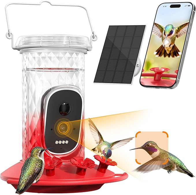 Smart Hummingbird Feeder Camera with AI Identification, 2.5K HD & Color Night Vision, Solar Powered Outdoor, IP66 Weatherproof – Garden Decor & Gift for Bird Lovers