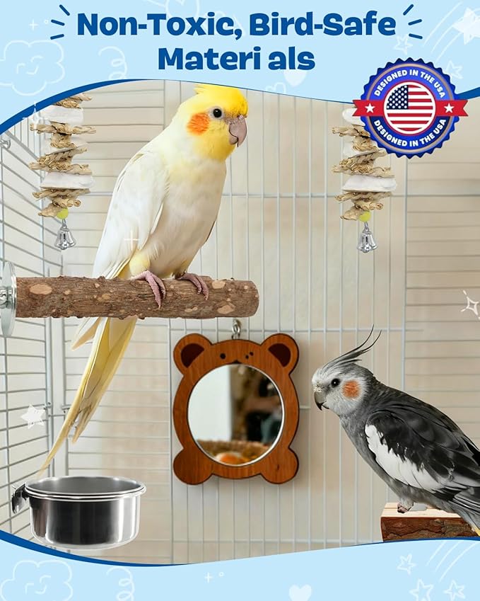 8 Pcs Parrot Toys Bird Toy Natural Wood Chew Toys with Rope Perch, Bell, Foraging Swing & Feeding Dish for Conure, Cockatiel, Budgie, Lovebird, Small Parrot Cage Accessories
