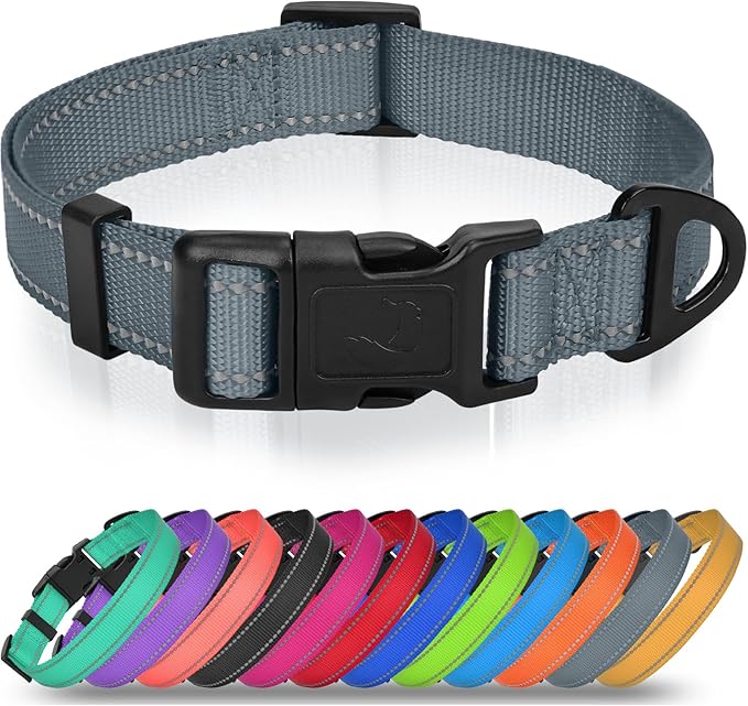 Joytale Reflective Dog Collar, Adjustable Nylon Pet Collar with Quick-Release Buckle for Medium Dogs, Gray, M