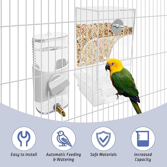 PINVNBY No Mess Bird Feeder & Water Dispenser Set Automatic Parrot Feeder Transparent Food Container Drinker Parakeet Cage Accessories for Cockatiel Budgie Lovebird Finch (White)