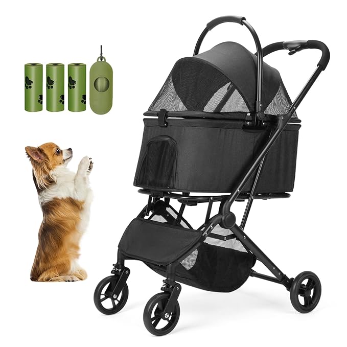 Wdyvko 3 in 1 Dog Stroller, Upgraded Frame, Up to 44lbs Pet Stroller with Dog Poop Bags & Dispenser, Zipperless Entry, Storage Basket & Pouch for Small Dogs Cats (Black)