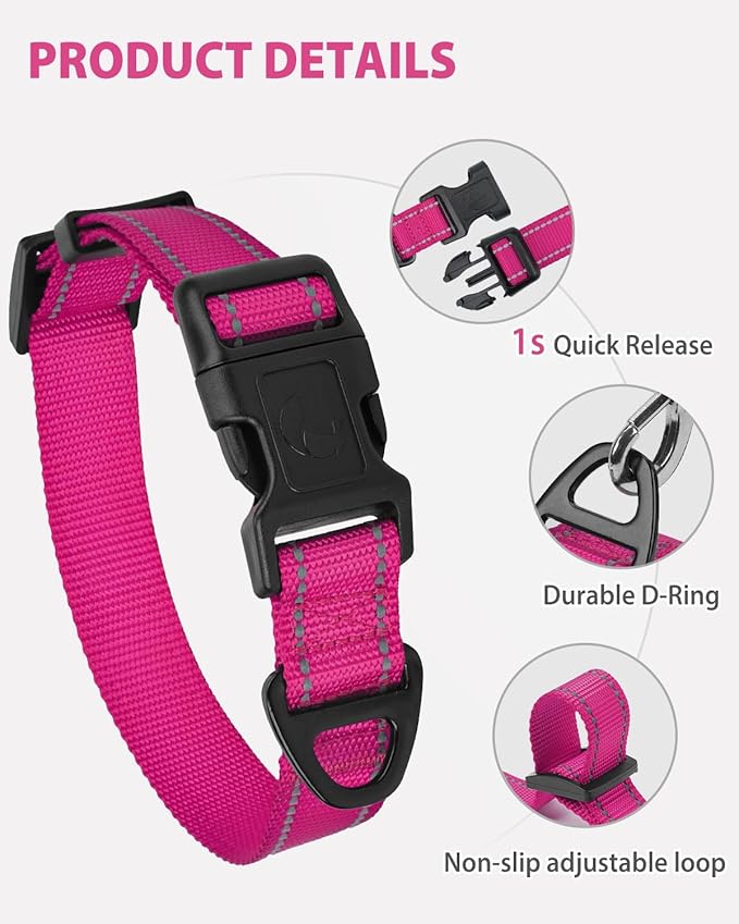 Joytale Large Dog Collar, Reflective and Adjustable Nylon Pet Collar with Quick-Release Buckle for Extra Large Dogs, Hotpink, XL