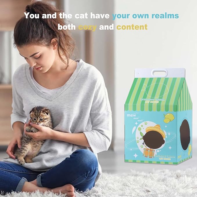 Cardboard Cat House with Scratcher - Blue Lemon Carton Milk Box -13''L x 13''W x 22.5''H for Cats up to 16 Lbs - Portable Handle for Easy Transportation - Indoor Cat Playhouse & Hideaway