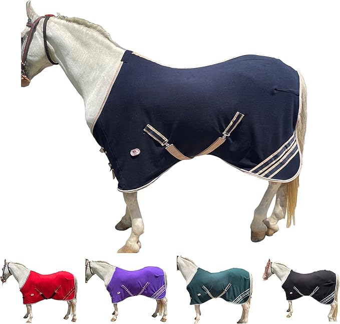 Majestic Ally Anti Pill Fleece Horse Blanket/Sheet with Silver Braided Rope (Navy, 74)