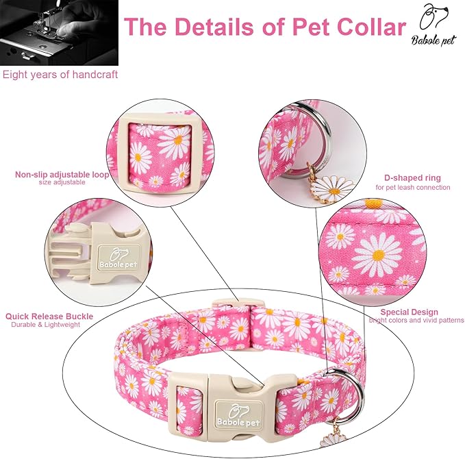 Summer Daisy Dog Collar, Cute Floral Adjustable Pink Dog Collars for Large Dogs, Lightweight Quick-Release Buckle Collar for Boy&Girl Dogs L