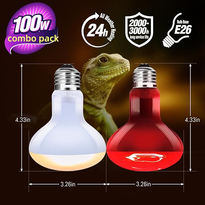 Leoterra Reptile Heat Lamp 100w Day and Night Heat Lamp Combo Pack for Turtle,Bearded Dargon,Lizard,Snakes Use Heat Light Bulb,Easy to Install