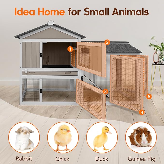 Rabbit Hutch 2-Story Bunny Cage with Chew-Proof Ramp Slide for Indoor Outdoor Guinea Pig Cage with Cleaning Tray & Waterproof Roof for Small Bunny Rabbit Chicken