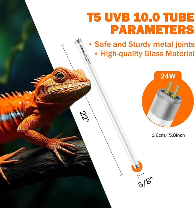 T5 10.0 UVB Reptile Light Bulb 24W, UVA UVB Light Bulb for Reptiles, 2 Pack Reptile UVB Lamp Tube 22 Inch, for Bearded Dragon, Lizards, Chameleons
