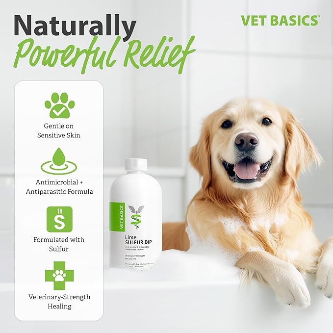 Vet Basics Lime Sulfur Dip – Skin Itch Relief Concentrated Antimicrobial & Antiparasitic Solution for Dogs, Cats, Puppies, Kittens & Horses, Helps Manage Ringworm, Mange, Skin Irritation, 16oz