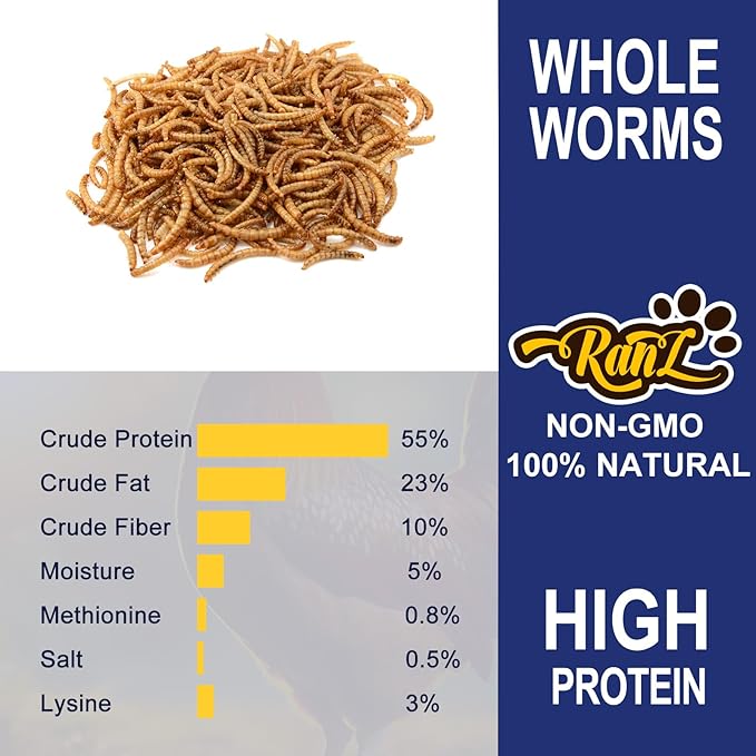 RANZ 2LBS Non-GMO Dried Mealworms for Chickens, High Protein Meal Worms, Premium Chicken Feed, Whole Large Mealworms for Blue Birds, Ducks, Fish