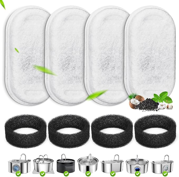 4 Pack Cat Water Fountain Filters Replacement & Pre-Filter Sponges for 3.2L/108Oz & 67oz/2L Stainless Steel Pet Fountain, Carbon Filters for Automatic Cat Water Dispenser
