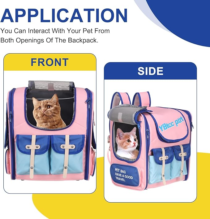 Pet Backpack Carrier, Portable and Ventilated, Oxford Cloth, Dogs Cats and Small Animals Travel Bag 13.39", (Pink, Blue, 1 Pcs), Intended for Hiking/Camping/Traveling