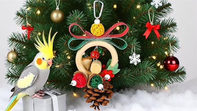Christmas Bird Toys Foraging Shredder Hanging Toys Rope Perch with Bell Parakeet Toy Parrot Swing Climbing Standing Toys Bird Cage Accessories for Conure Cockatiel Budgies Lovebird