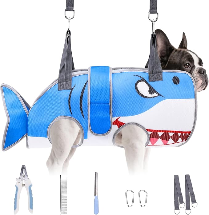 Dog Grooming Hammock for Small Dogs Cats, Cute Shark Design Dog Hanging Harness for Nail Trimming/Clipping, Pet Sling with Grooming Kit and Thick Neck Support & Strap Restraint Claw Care, S