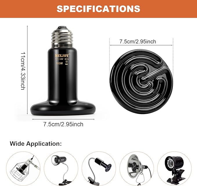 MIXJOY 100W Reptile Heat Lamp 2Pack Ceramic Heat Emitters Reptile Heat Lamp Bulbs, No Light Emitting Ceramic Heat Bulbs for Amphibian Terrarium Gecko Lizard Bearded Dragon Turtle Chicken Snake