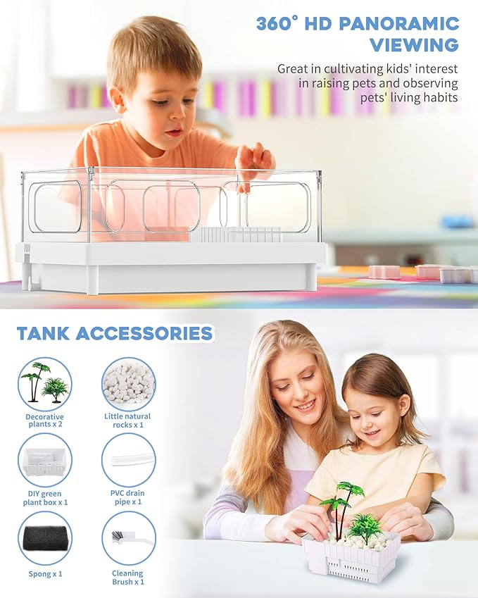 Small Turtle Tank Kit(Tank+Light+Filter), Acrylic Turtle Tank Starter Kit with Basking Platform, Bottom Drainage, Multi-Function Areas for Turtles, Crayfish, Small Reptiles.(White+Black)