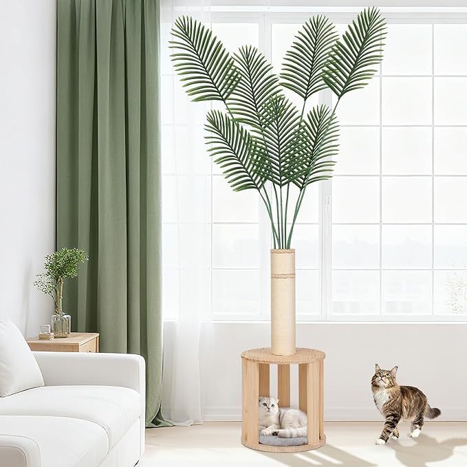 82.7'' Tall Modern Cat Tree for Indoor Cats,Artificial Areca Palm Tree Cat Tower with Solid Wood Cat Bed,Nature Sisal Scratching Post,Removable Mat,Aesthetic Cat Activity Center for Small Medium Cats