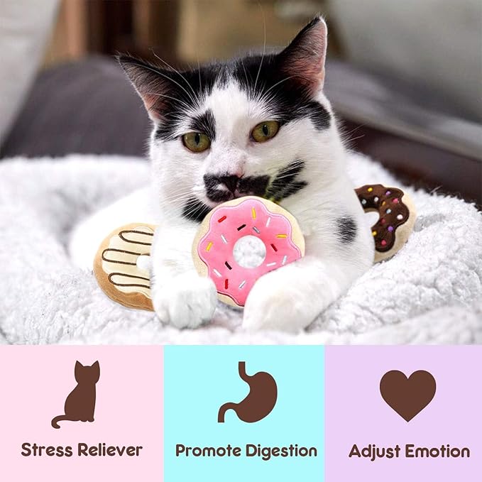 CiyvoLyeen 6 Pack Donut Cat Catnip Toys Kitten Chew Knickknack Sprinkles Interactive Pillows Teeth Grinding Catmint Plush Plaything Kitty Birthday Ideas Supplies 4 Inches