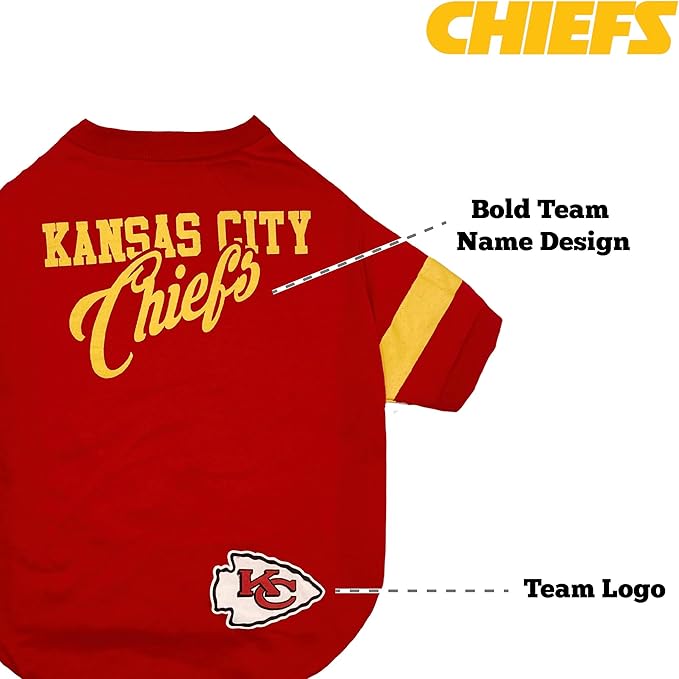 NFL Kansas City Chiefs T-Shirt for Dogs & Cats, Large. Football Dog Shirt for NFL Team Fans. New & Updated Fashionable Stripe Design, Durable & Cute Sports PET TEE Shirt Outfit