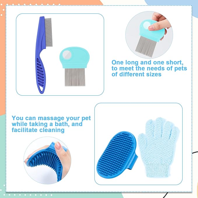 VCZONE Small Animal Grooming Set: Pet Nail Clipper & File, Flea Comb, Shampoo Brush, Shedding Slicker Brush, Massage Glove, Cleaning Comb (Blue)