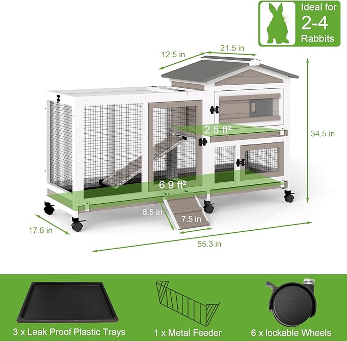 Rabbit Hutch Outdoor Indoor, 2 Story Wooden Bunny Cage with 6 Lockable Wheels, 3 Removable Deep No Leakage Pull Out Trays for Rabbit & Guinea Pig, Chew-Proof Ramp & Waterproof Roof, Grey