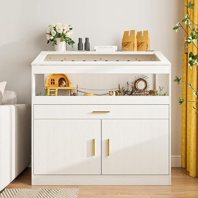 Big Hamster Cage with Storage Cabinet,Indoor Guinea Pig Cages for Small Animals,Wooden Hamster Enclosure with Easy View Acrylic Panels & Drawer for Hamster, Rabbit, Guinea Pig, Hedgehog