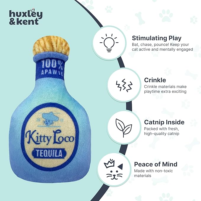 Huxley & Kent Plush Cat Toy - Interactive Catnip Toy for Cats & Kittens - Soft Kitty Toy with Crinkle & Catnip - Fun Indoor Play Toy - Kitty Loco Tequila