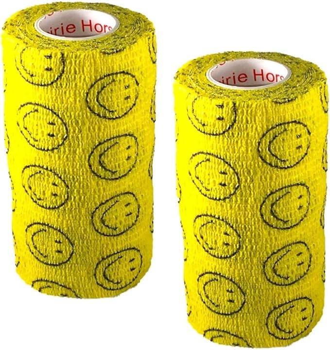 Vet Wrap Wrap Tape (Yellow with Smiles) (2 Pack) (3 Inch x 15 feet) Self Adhesive Adherent Adhering Cohesive Flex Self Stick Bandage Grip Roll Dog Cat Pet Horse