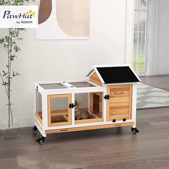PawHut Wooden Rabbit Hutch with Wheels, Indoor Outdoor Large Bunny Hutch with Run & Slide-Out Tray for Small Animals, Rabbits, Chickens, Ducks, Guinea Pig, Yellow