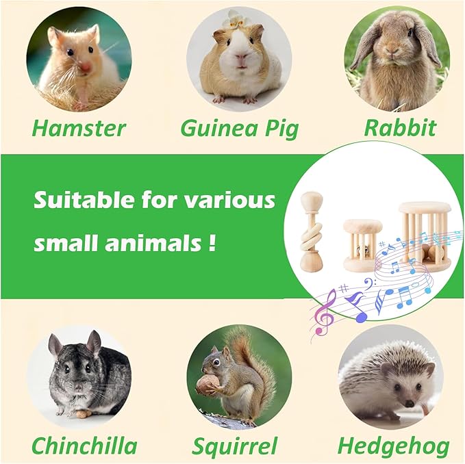 KABASI 3 PCS Wooden Bunny Toys, Safe Rabbit Guinea Pigs Bite-Resistant Natural Wooden Chew Teeth Grinding Toys for Chinchillas Hamsters Small Animals Rat Playing Indoor Outdoor