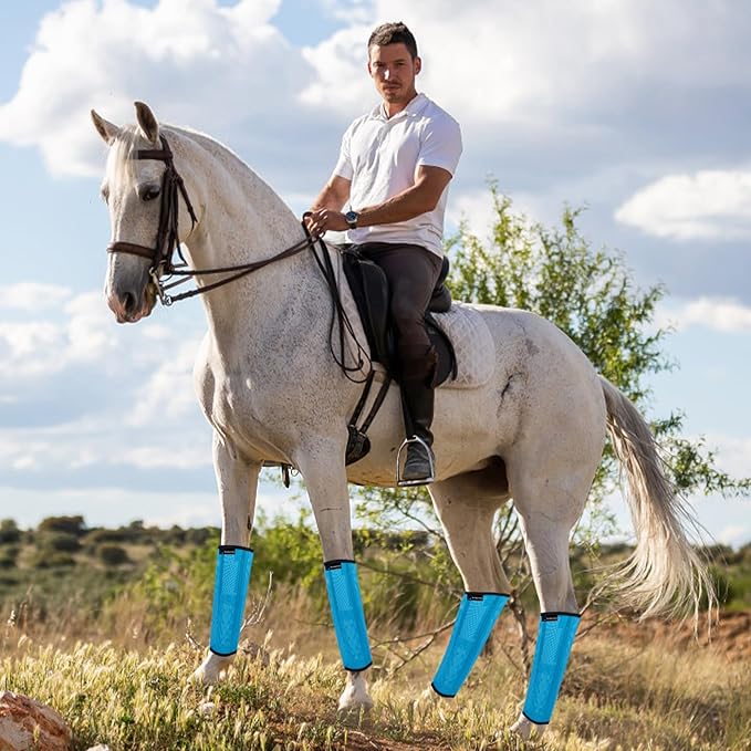 FOXLVDA Horse Fly Boots - Fly Boots for Horses Set of 8, Comfortable Horse Leggings, Mesh Material Design with Metal Support Bars for Reduces Stomping & Leg Fatigue (Blue-Orange, Large)