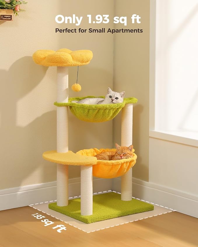 Flower Cat Tree with 2 Large Hammocks, 37.4" Small Cat Tower for Indoor Kitty with 6 Scratching Posts, Cute Cat Tree with Flower Top Perch, Yellow