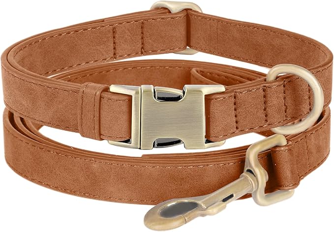 Genuine Leather Dog Collar - Adjustable Pet Collar with Quick Release Metal Buckle, Soft Skin Friendly Real Leather Collar for Small, Medium, Large Dogs (Khaki Collar + Rope, L：Fit 15-23" Neck)