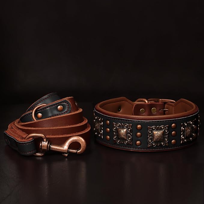 PET ARTIST Genuine Leather Dog Collar for Large Dogs, 2 inch Wide Luxury Dog Collar with Rivet Studded & Metal Buckle, Comfortable & Stylish Pet Collars for Great Dane Rottweiler,Black,Neck 22-25"