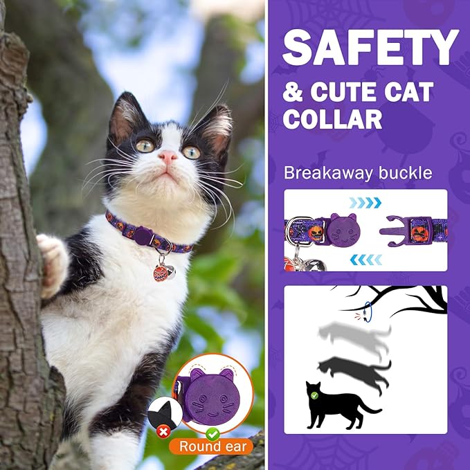 SCENEREAL Halloween Cat Collar Breakaway 3 Pack, Safety Collars, Pet Accessory for Outdoor and House Cats Kittens, Orange Purple