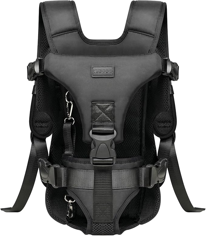 Dog Front Carrier Backpack, Legs Out Secure-Fit Pet Chest Carrier for Small Dogs (6-24 lbs), Adjustable Pet Carriers with Safety Belt, Hands Free Dog Backpack Carriers for Hiking Cycling (L, Black)