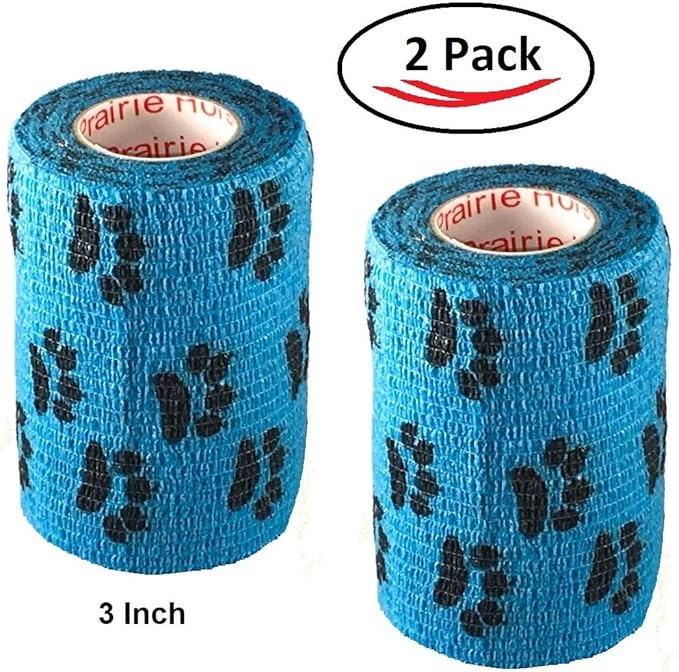 Vet Wrap Wrap Tape (Blue with Paw Prints) (2 Pack) (3 Inch x 15 feet) Self Adhesive Adherent Adhering Cohesive Flex Self Stick Bandage Grip Roll Dog Cat Pet Horse