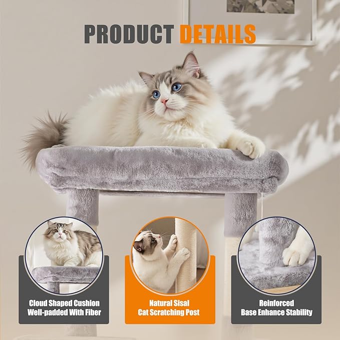 Large Cat Tree 63 Inch, Multi-Level Tall Cat Tree Tower with Condo, Perch, Sisal Scratching Posts Board and Hammock, Pet Play House with Dangling Balls for Indoor Cats, Light Grey