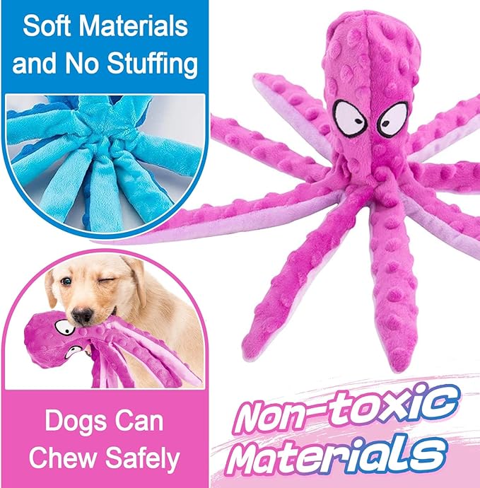 Alphatool Squeaky Dog Toys - 3pcs Soft Plush Chew Crinkle Puppy Toys to Keep Them Busy, Octopus No Stuffing Interactive Essentials for Teething Small Medium Pets Dogs Gifts