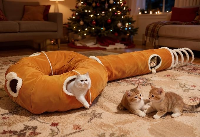 Ownpets 2-in-1 Cat Tunnel, Large Lollipop Shape Cat Tunnel Toy with Fluffy Balls, Spiral Toy, Plush Collapsible Cat Cave Hideout Donut Tunnel for Multi Kitten Puppy Rabbit, Orange
