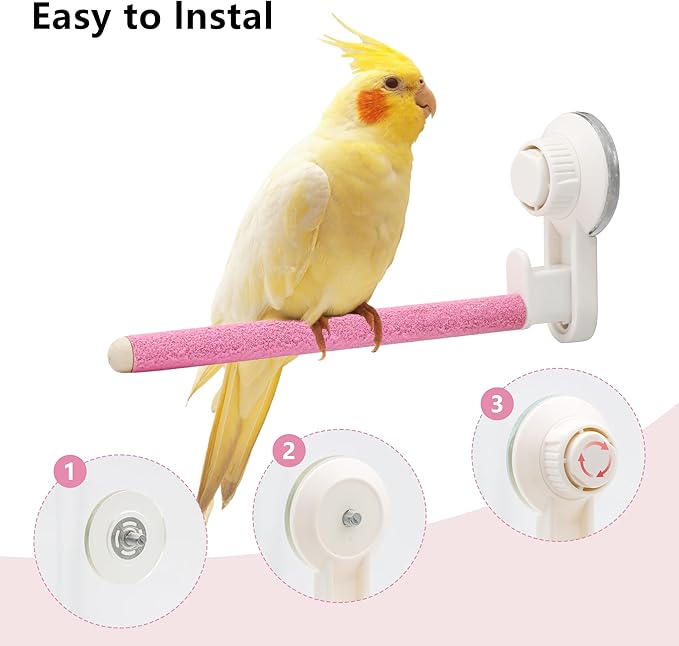 Suction Cup Bird Perch,Wooden Parrot Window/Mirror/Car/Travel/Shower Perches Stand Quartz Portable Parakeet Grinding Stick Training Toys for Small and Medium Birds(Pink)