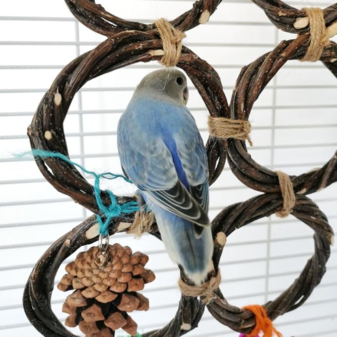 Circle Straw Bird Swing Stand Bird Perches Stand Hanging Chewing Toy for Parrots Bird Playground Cage Accessories Climbing Rope Net Ladders for Foraging Toys（Random Color） (3 Rings)