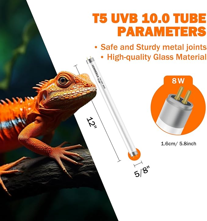 T5 10.0 UVB Reptile Light Bulb 8W, UVA UVB Light Bulb for Reptiles, 2 Pack Reptile UVB Lamp Tube 12 Inch, for Bearded Dragon, Lizards, Chameleons