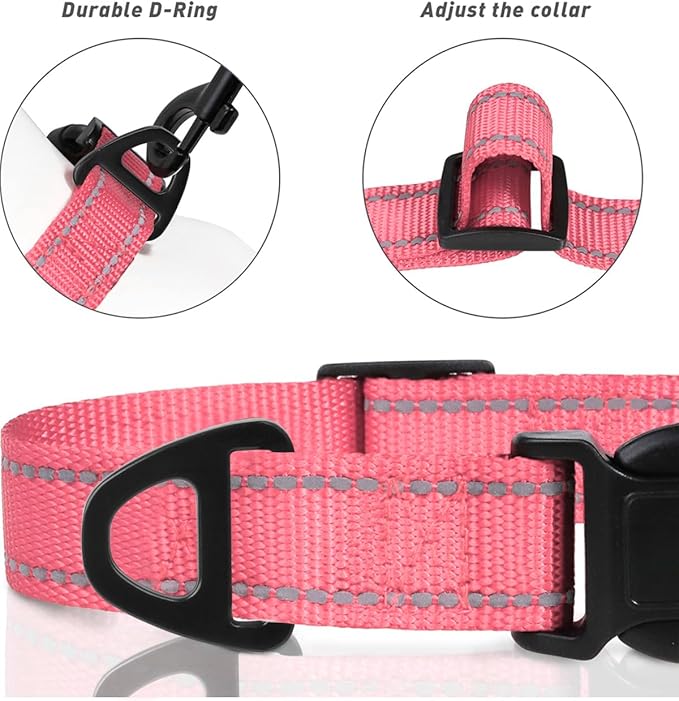 TagME Reflective Nylon Dog Collars, Adjustable Classic Pet Collar with Quick Release Buckle for Large Dogs, Baby Pink, 1.0" Width