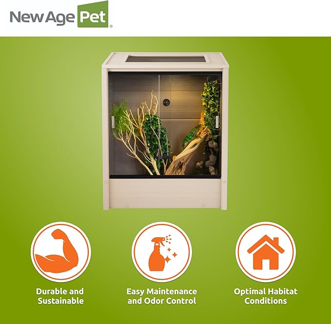 New Age Pet ECOFLEX Maple Chameleon Madagascar Vertical Reptile Habitat Lounge - Durable, Non-Toxic Wood Plastic Composite, Extra Height, Deep Floor, Removable Sliding Glass Doors with Lock