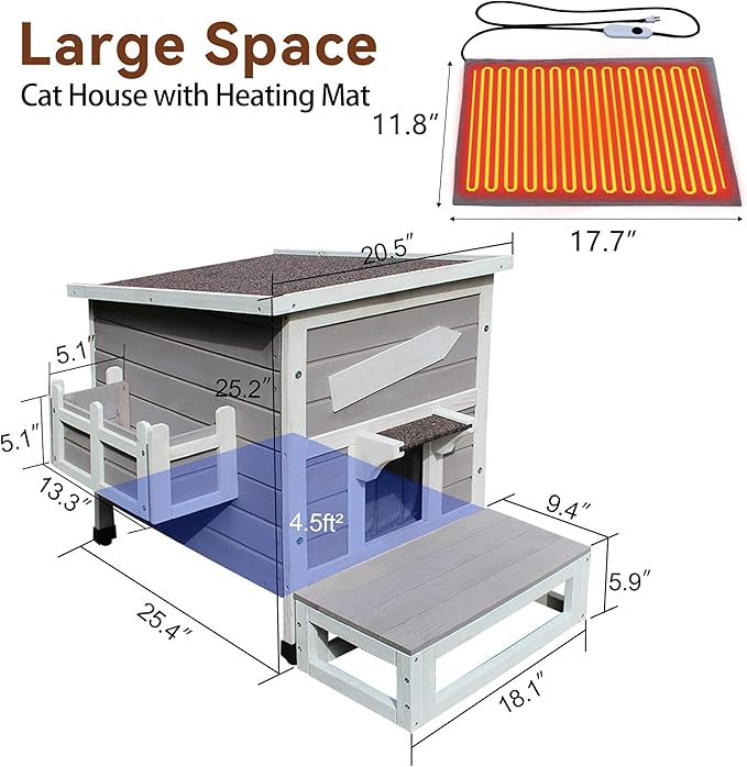 Rockever Heated Cat House for Outside Cats in Winter, Large Heated Cat Houses with Heating Pad, Wooden Outside Cat Shelter Weatherproof with Escape Door