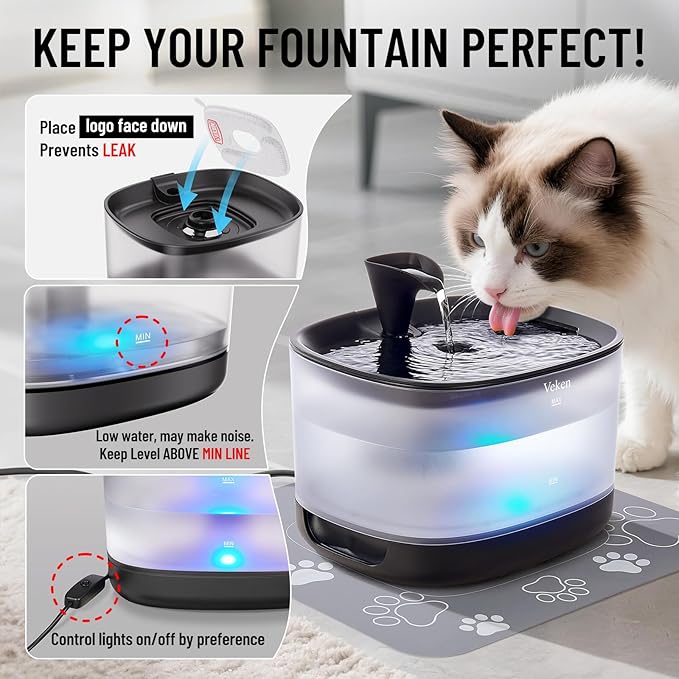 Veken Cat Water Fountain with Detachable Tank, Easy to Clean & Assemble, 84oz/2.5L Pet Drinking Dispenser with Quiet Operation & LED Light, Gifts, Cats, Dogs and Small Pets, Black